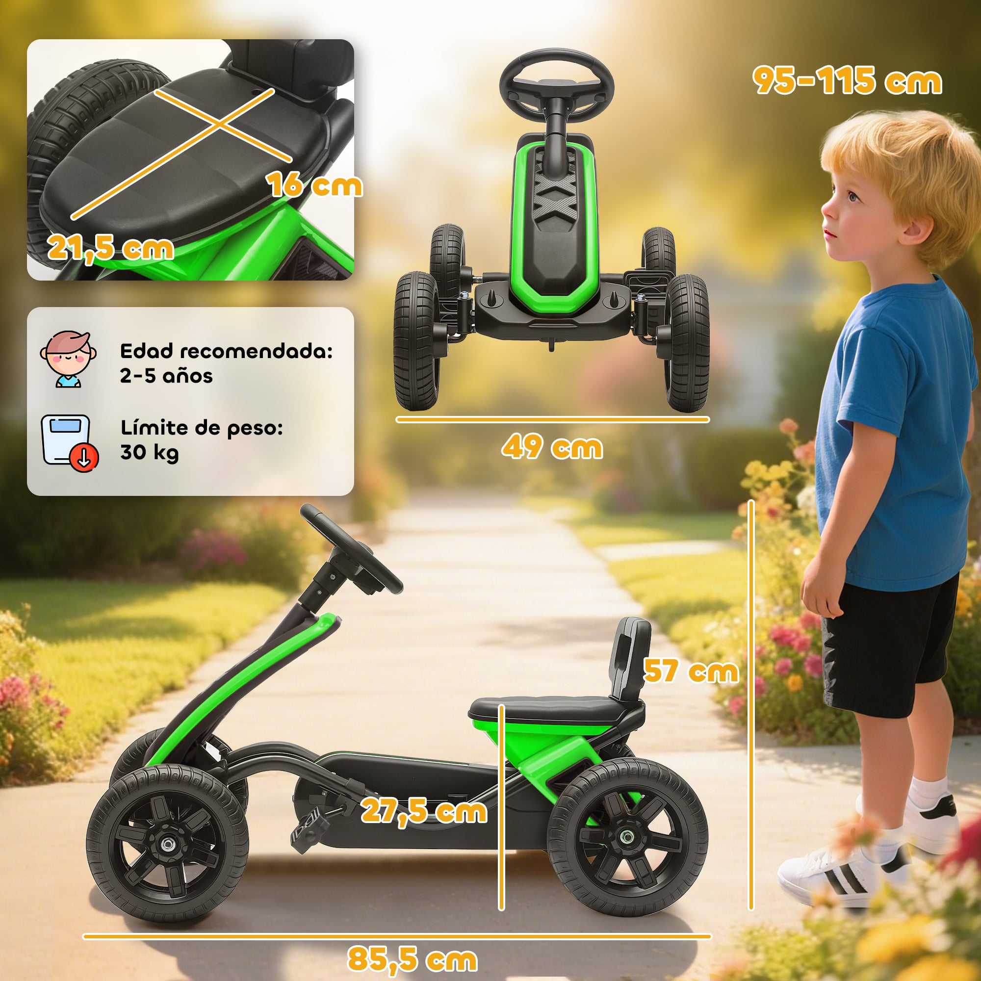 Pedal Kart — EVA Anti-Slip Wheels, Metal Frame, 66 lb Capacity, Ages 2–5, Green