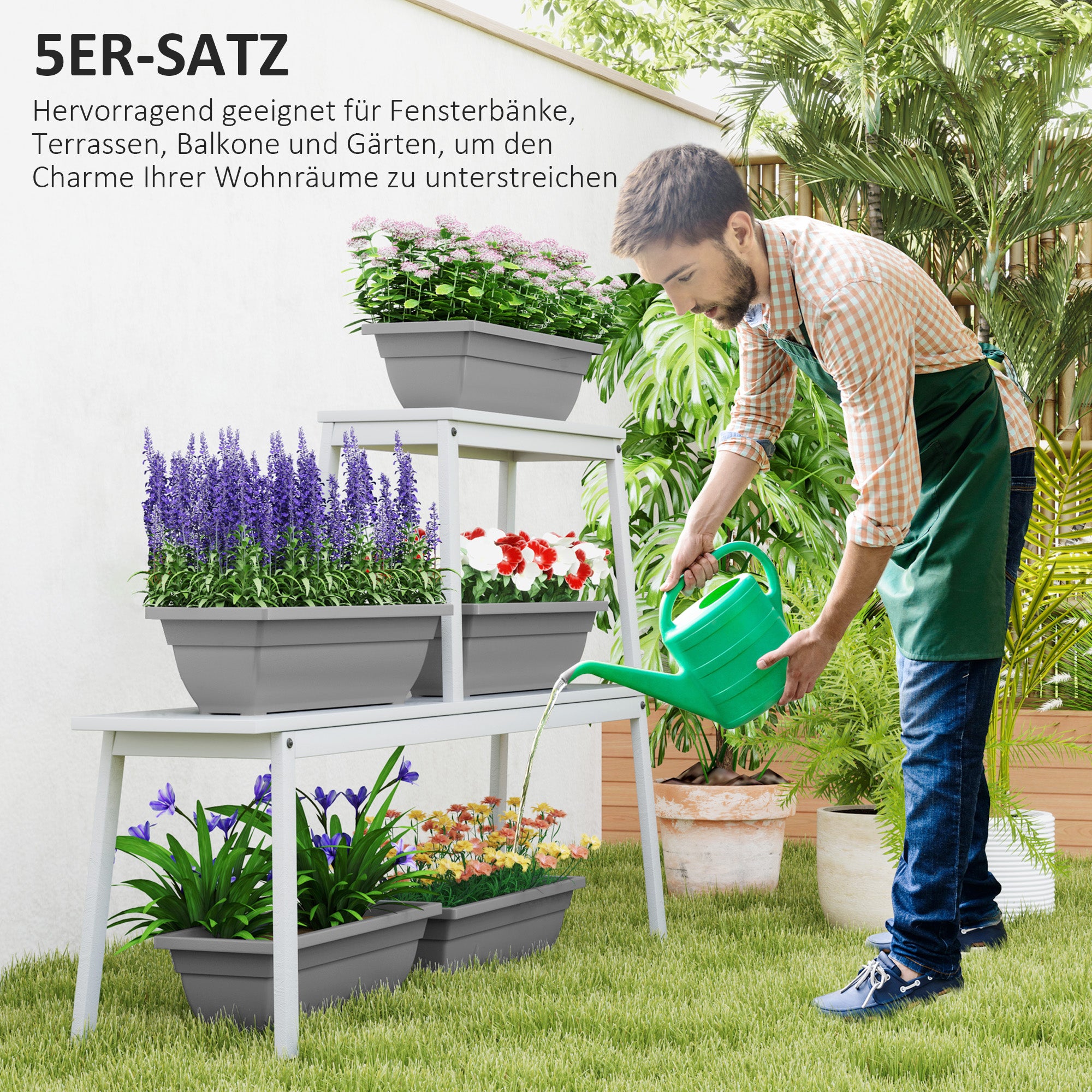 5-Piece Plastic Flower Pot Set, 59 x 21 x 16 cm Stackable Planters Set, Weatherproof Planters, Pots for Indoor and Outdoor, Gray