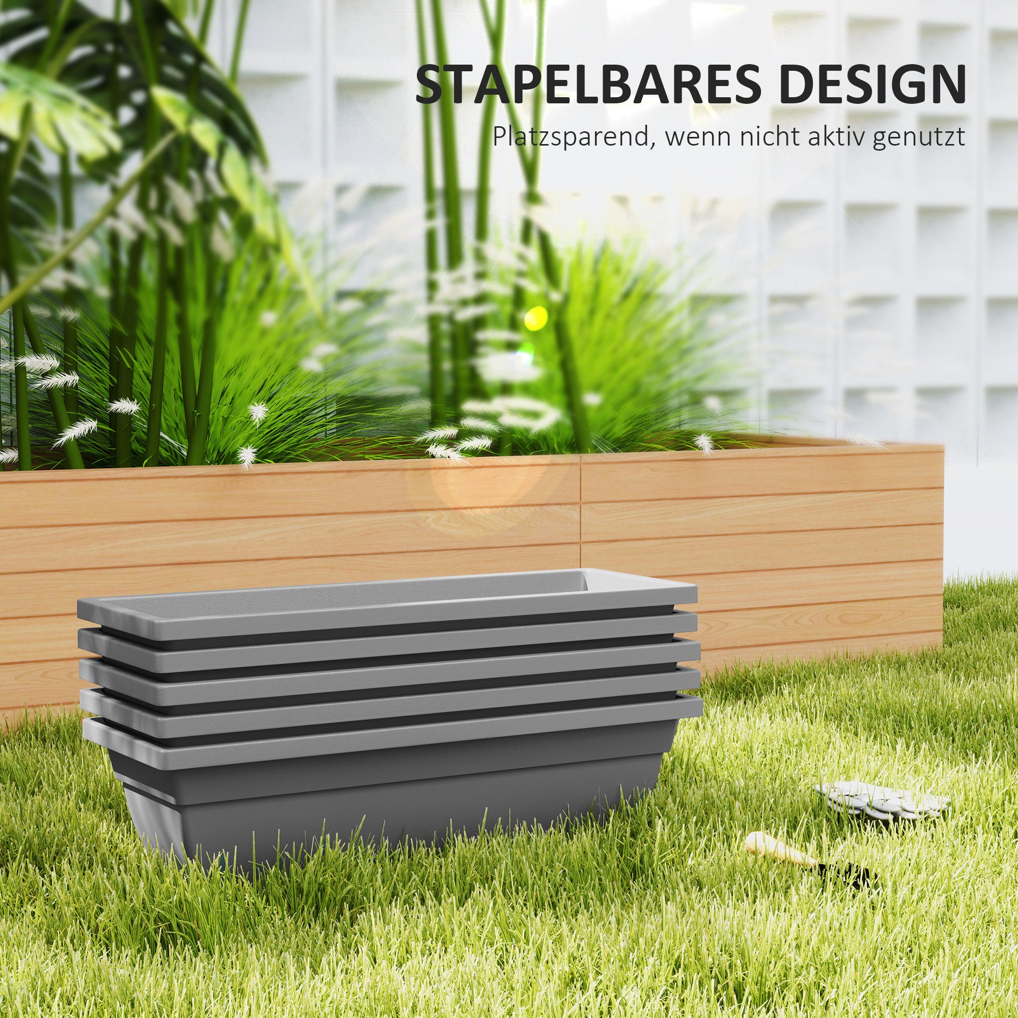 5-Piece Plastic Flower Pot Set, 59 x 21 x 16 cm Stackable Planters Set, Weatherproof Planters, Pots for Indoor and Outdoor, Gray