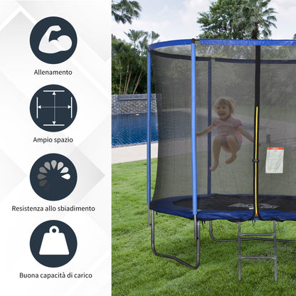 Outdoor Trampoline, Elastic Mat for Children and Adults for Garden with Safety Net, Ladder, and Padded Edge, Garden and Home Games, Ø244x240cm, Blue and Black