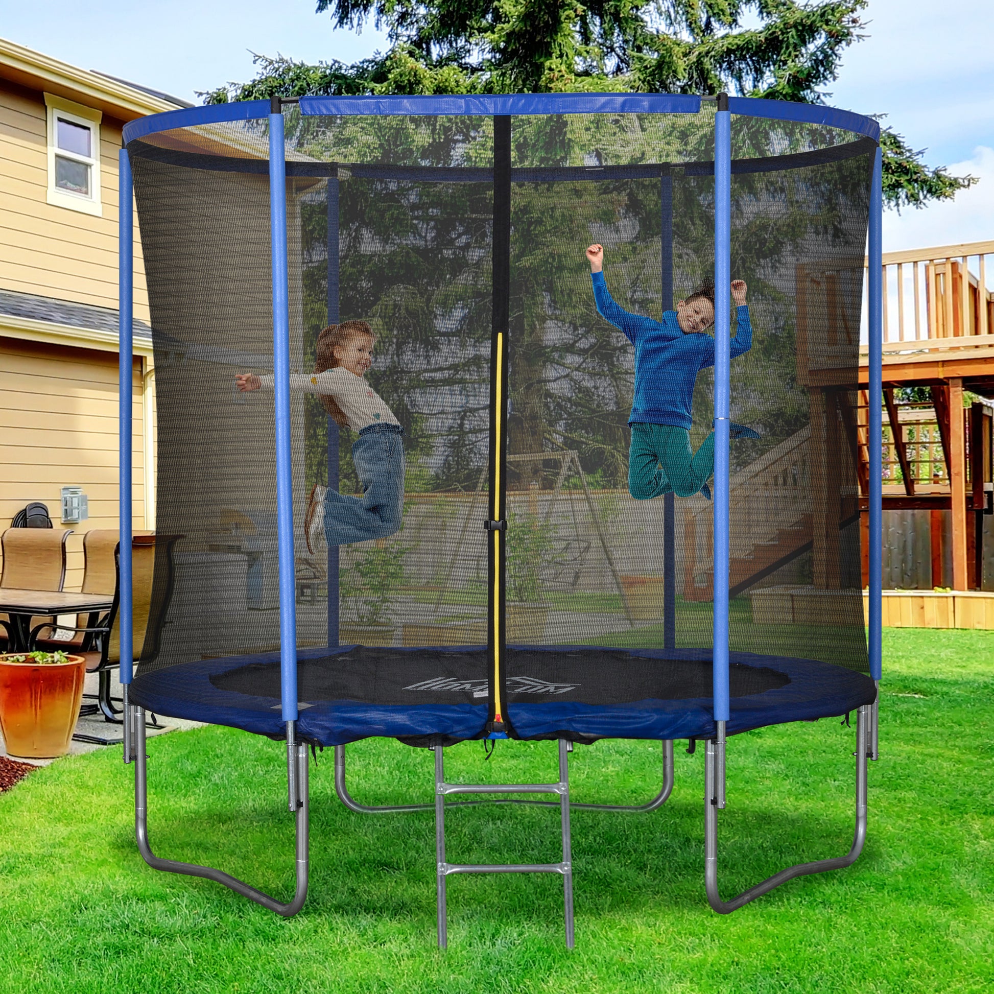 Outdoor Trampoline, Elastic Mat for Children and Adults for Garden with Safety Net, Ladder, and Padded Edge, Garden and Home Games, Ø244x240cm, Blue and Black