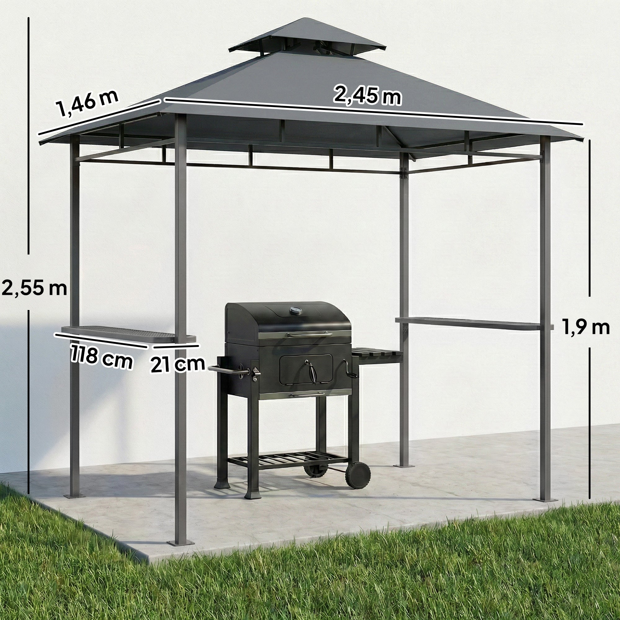 Grill Pavilion 2.4 x 1.4 m — Windproof BBQ Canopy with Double-Roof Vent, Side Shelves, UV-Resistant, Dark Gray