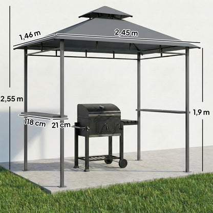 Grill Pavilion 2.4 x 1.4 m — Windproof BBQ Canopy with Double-Roof Vent, Side Shelves, UV-Resistant, Dark Gray