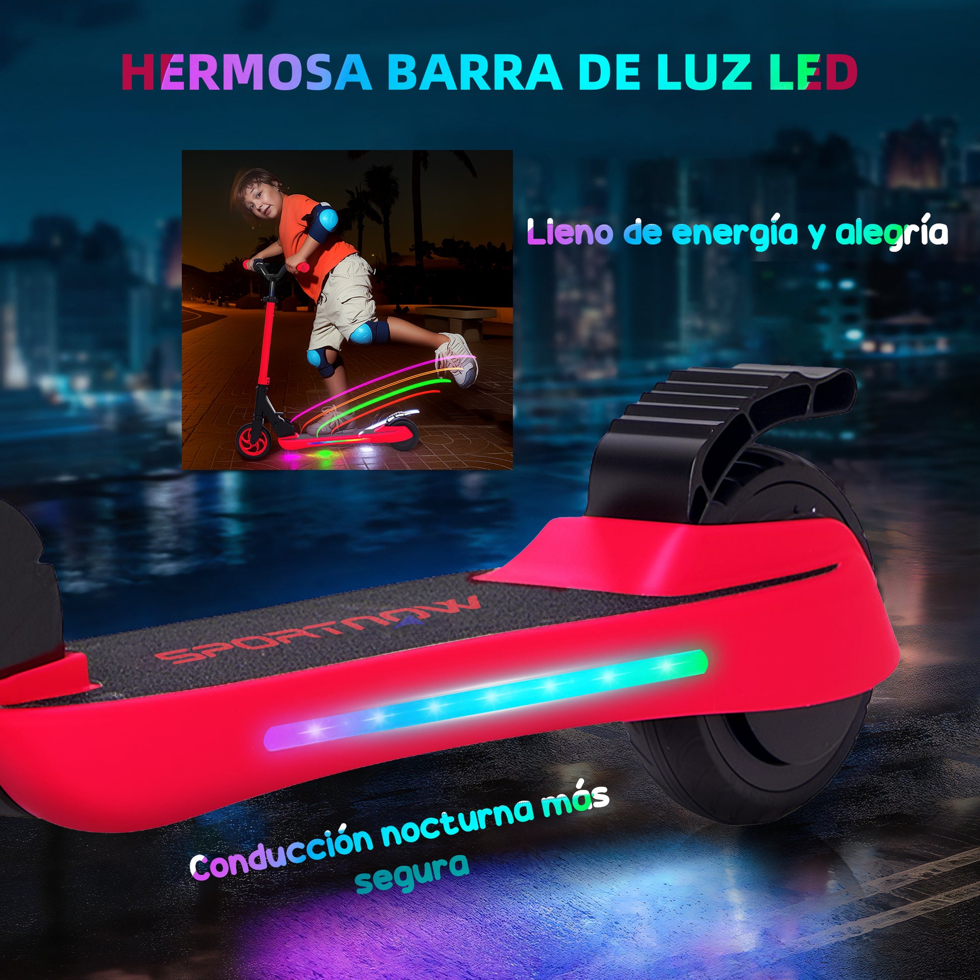 SPORTNOW Foldable Electric Scooter MAX 10 KM/H Electric Scooter for +6 Years Old 120 W Motor 6 KM Range 5" - 5.5" Wheels Rear Brake Adjustable Height LED Lights and Red Aluminum Frame