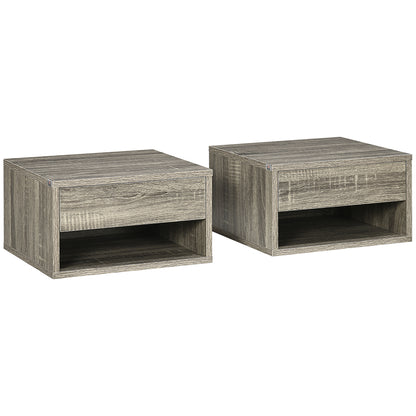 Set of 2 wall-mounted bedside tables nightstand - sliding drawer, compartment, tabletop - wood dim. 37L x 32W x 21H cm Gray