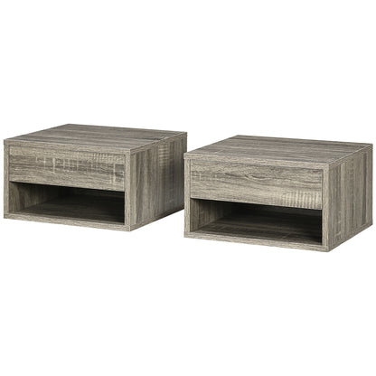 Set of 2 wall-mounted bedside tables nightstand - sliding drawer, compartment, tabletop - wood dim. 37L x 32W x 21H cm Gray