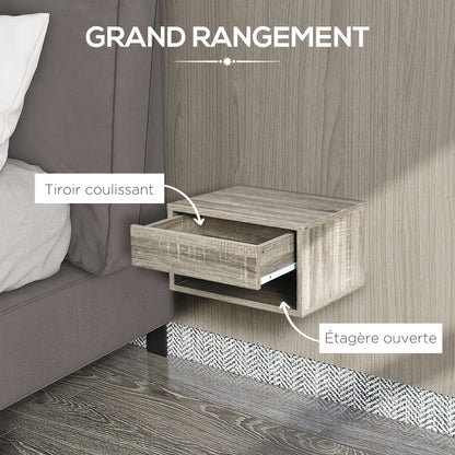 Set of 2 wall-mounted bedside tables nightstand - sliding drawer, compartment, tabletop - wood dim. 37L x 32W x 21H cm Gray