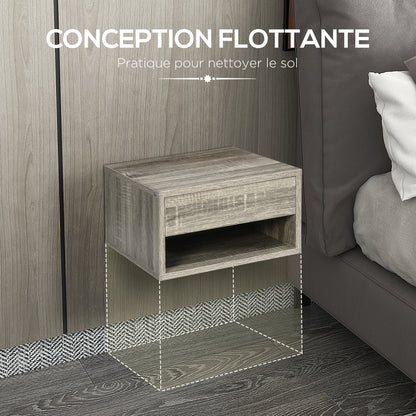 Set of 2 wall-mounted bedside tables nightstand - sliding drawer, compartment, tabletop - wood dim. 37L x 32W x 21H cm Gray