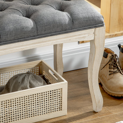 Button-Tufted Bench Classic Chic Style 110 cm End of Bed Linen Upholstered Rubber Wood Legs Gray