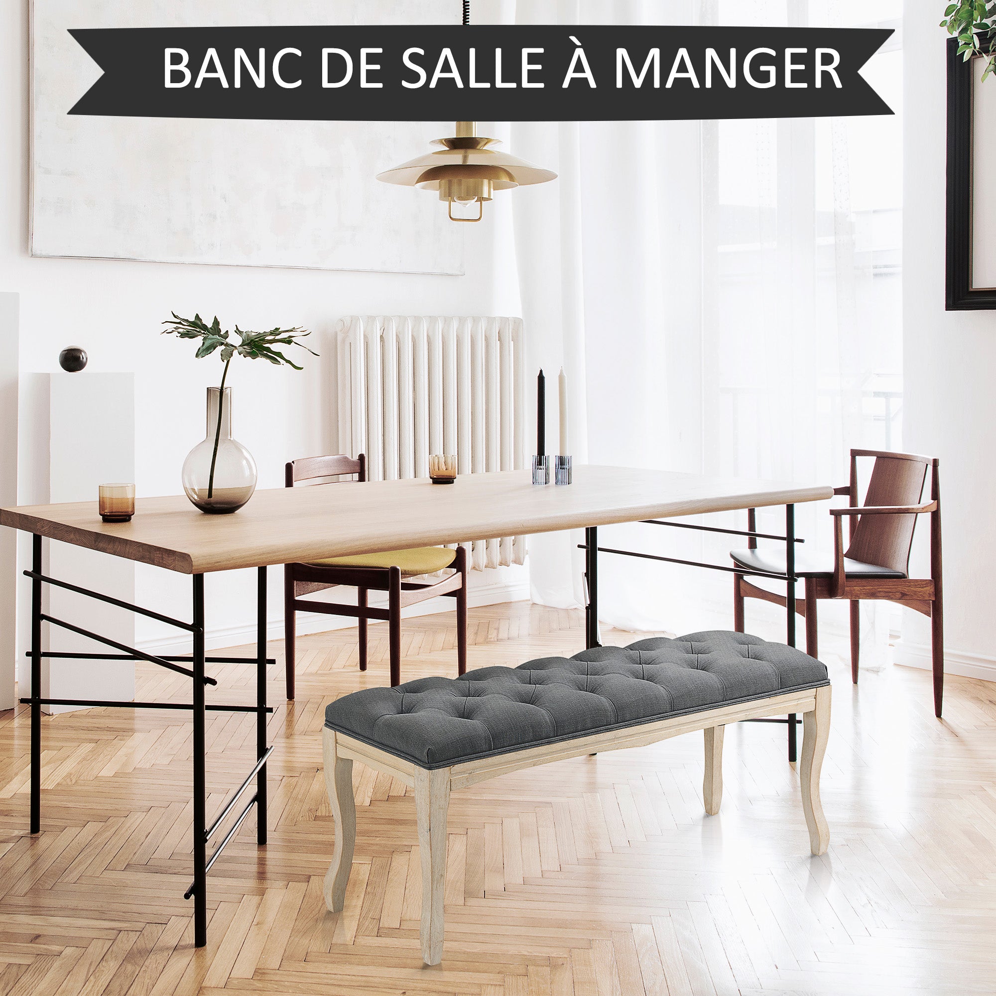Button-Tufted Bench Classic Chic Style 110 cm End of Bed Linen Upholstered Rubber Wood Legs Gray