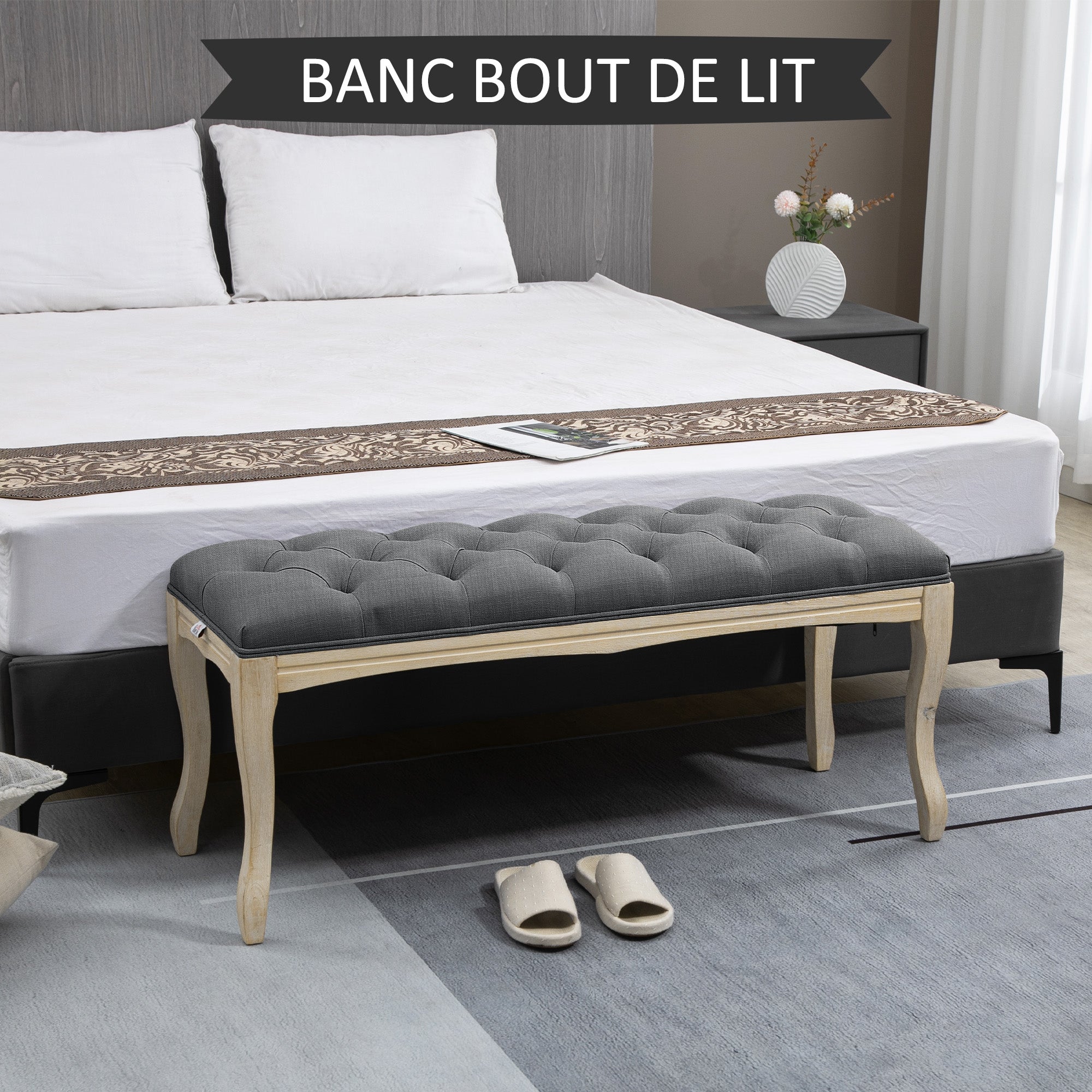 Button-Tufted Bench Classic Chic Style 110 cm End of Bed Linen Upholstered Rubber Wood Legs Gray