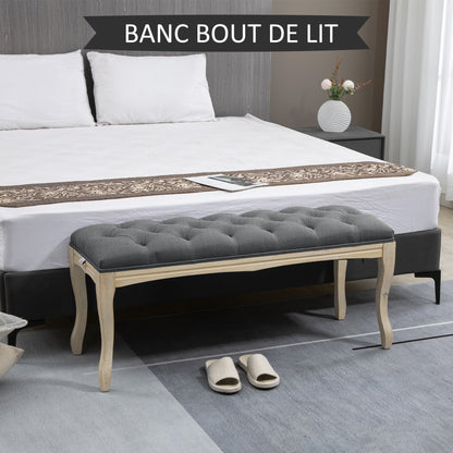 Button-Tufted Bench Classic Chic Style 110 cm End of Bed Linen Upholstered Rubber Wood Legs Gray