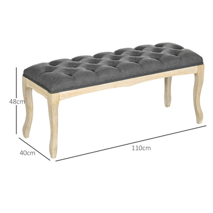 Button-Tufted Bench Classic Chic Style 110 cm End of Bed Linen Upholstered Rubber Wood Legs Gray