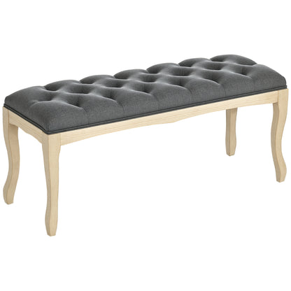 Button-Tufted Bench Classic Chic Style 110 cm End of Bed Linen Upholstered Rubber Wood Legs Gray