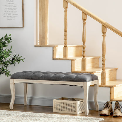 Button-Tufted Bench Classic Chic Style 110 cm End of Bed Linen Upholstered Rubber Wood Legs Gray