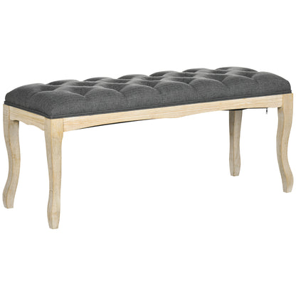 Button-Tufted Bench Classic Chic Style 110 cm End of Bed Linen Upholstered Rubber Wood Legs Gray