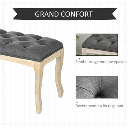 Button-Tufted Bench Classic Chic Style 110 cm End of Bed Linen Upholstered Rubber Wood Legs Gray