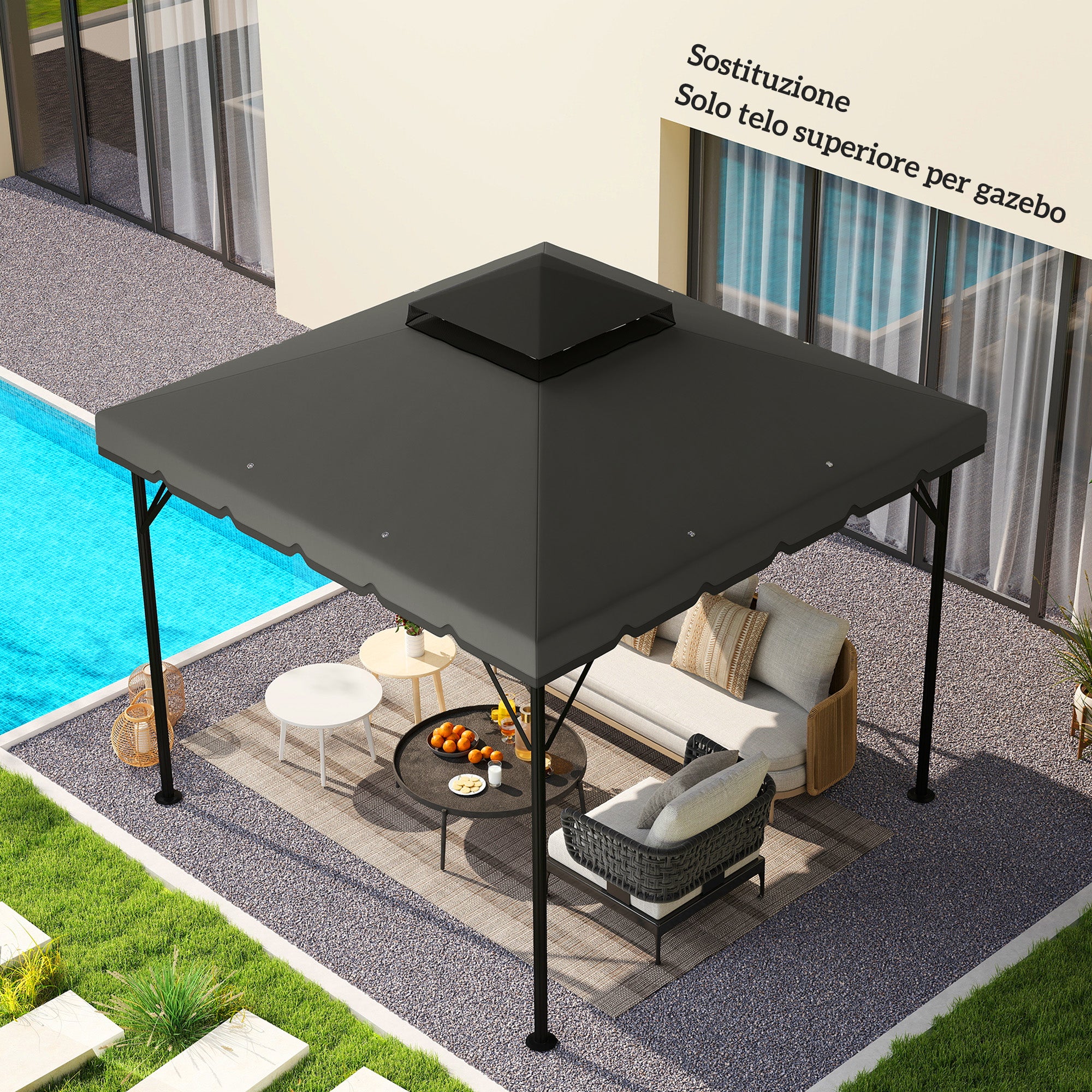 Double-Layer Replacement Canopy for 3 x 3 m (9.8 ft) Gazebo – 180 g/m² Polyester, Waterproof, UPF 30+, 8 Drainage Grommets, Gray