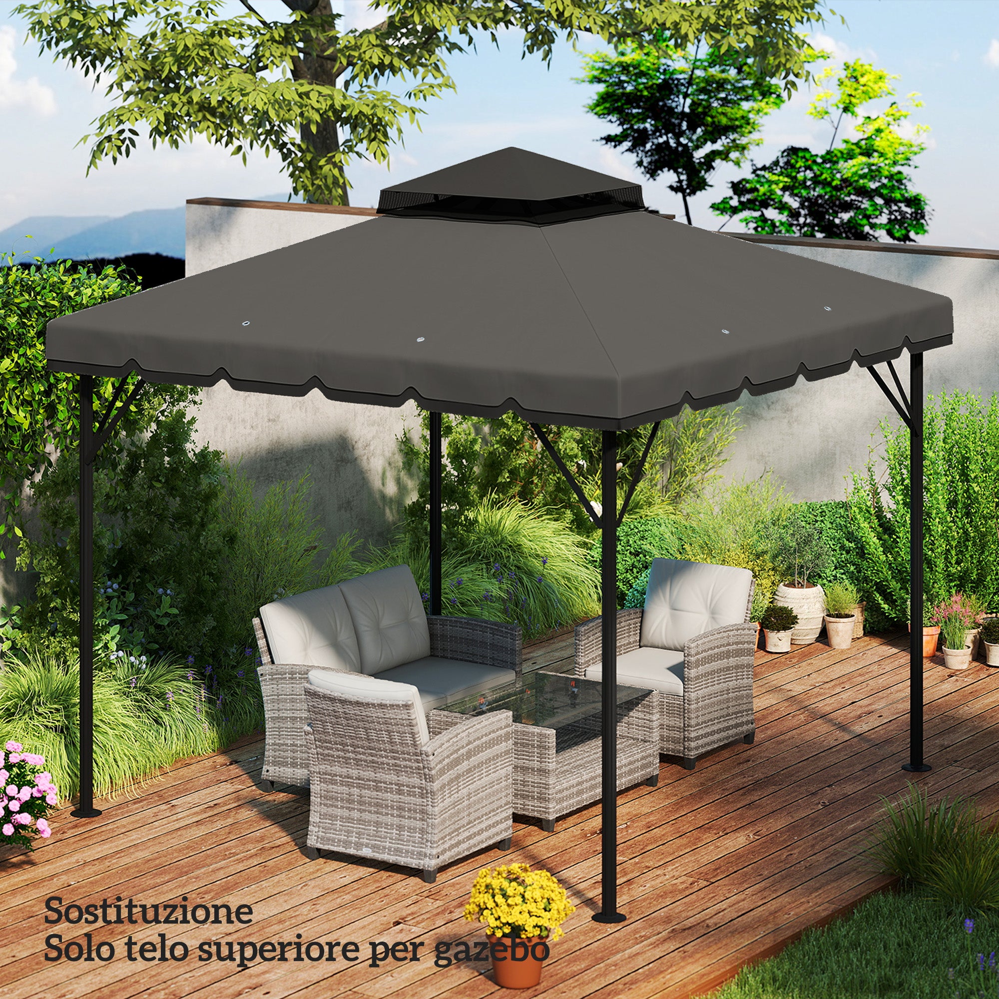 Double-Layer Replacement Canopy for 3 x 3 m (9.8 ft) Gazebo – 180 g/m² Polyester, Waterproof, UPF 30+, 8 Drainage Grommets, Gray