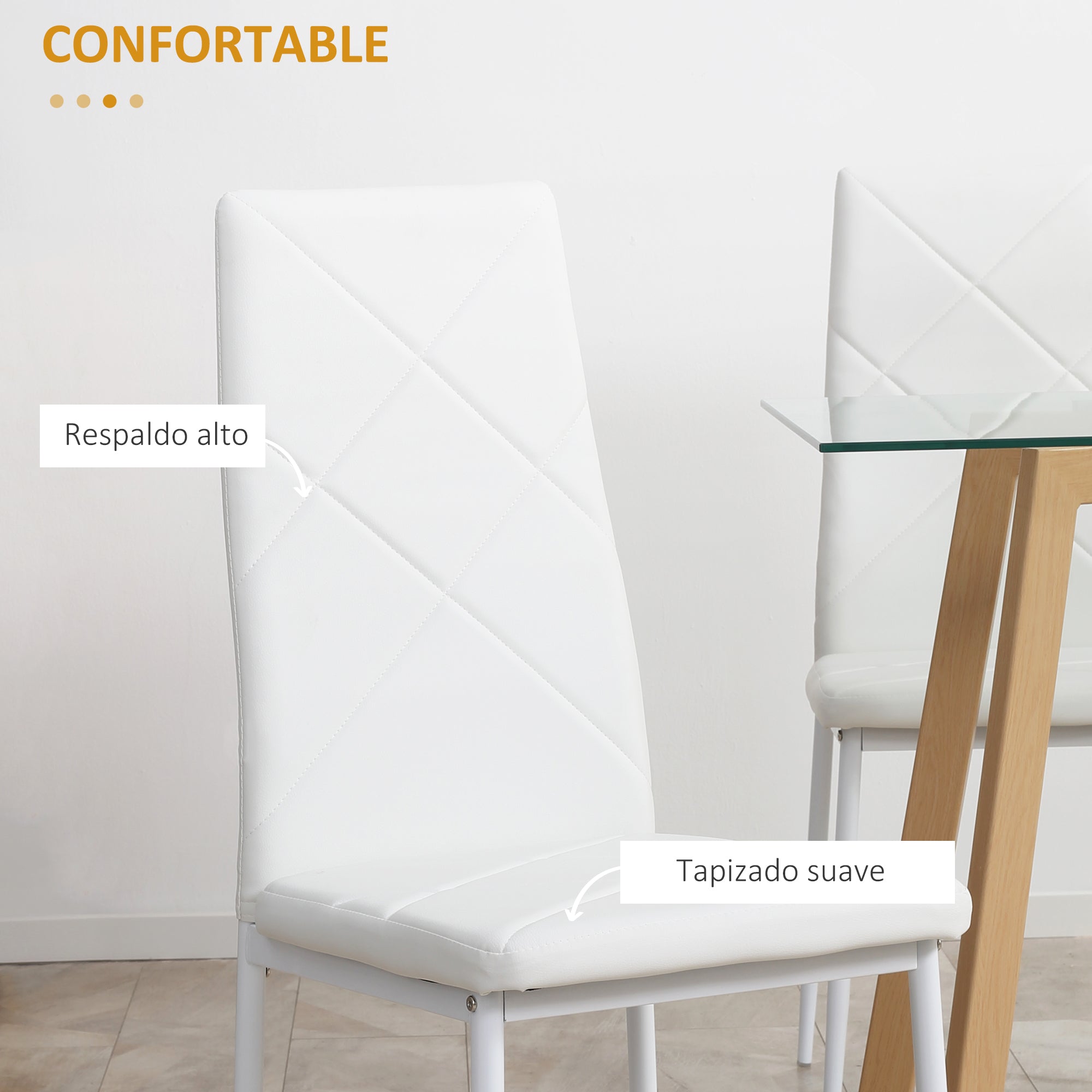 Set of 4 Nordic Dining Chairs Upholstered Kitchen Chairs with Faux Leather Steel Legs Load 120 kg for Living Room 41x50x97 cm White