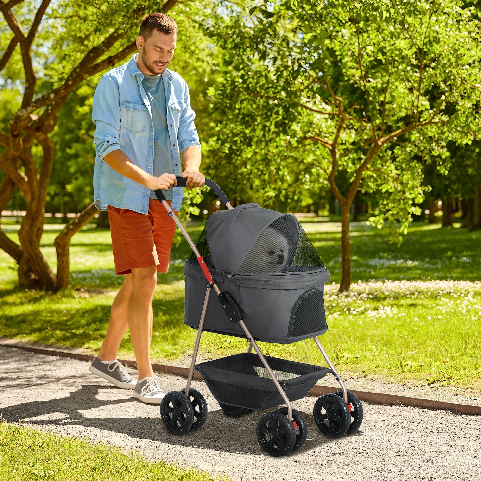 Dog Stroller 3 in 1 Dog Buggy Foldable for Dogs & Cats up to 4 kg Cat Stroller with Cushion Mesh Windows Cup Holder Storage Basket Cat Cart Buggy Gray