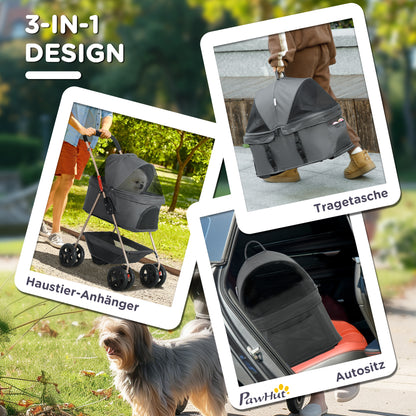 Dog Stroller 3 in 1 Dog Buggy Foldable for Dogs & Cats up to 4 kg Cat Stroller with Cushion Mesh Windows Cup Holder Storage Basket Cat Cart Buggy Gray