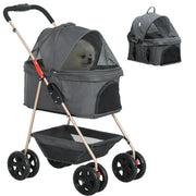 Dog Stroller 3 in 1 Dog Buggy Foldable for Dogs & Cats up to 4 kg Cat Stroller with Cushion Mesh Windows Cup Holder Storage Basket Cat Cart Buggy Gray