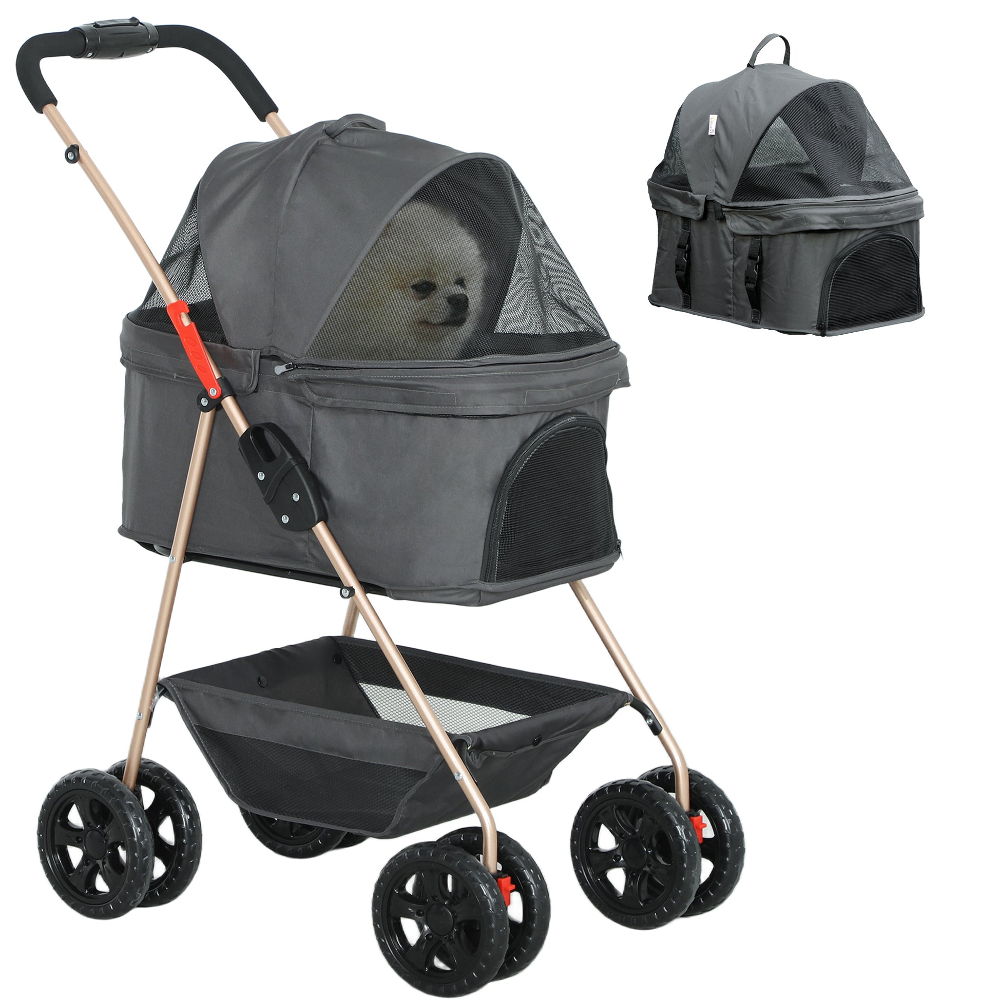 Dog Stroller 3 in 1 Dog Buggy Foldable for Dogs & Cats up to 4 kg Cat Stroller with Cushion Mesh Windows Cup Holder Storage Basket Cat Cart Buggy Gray