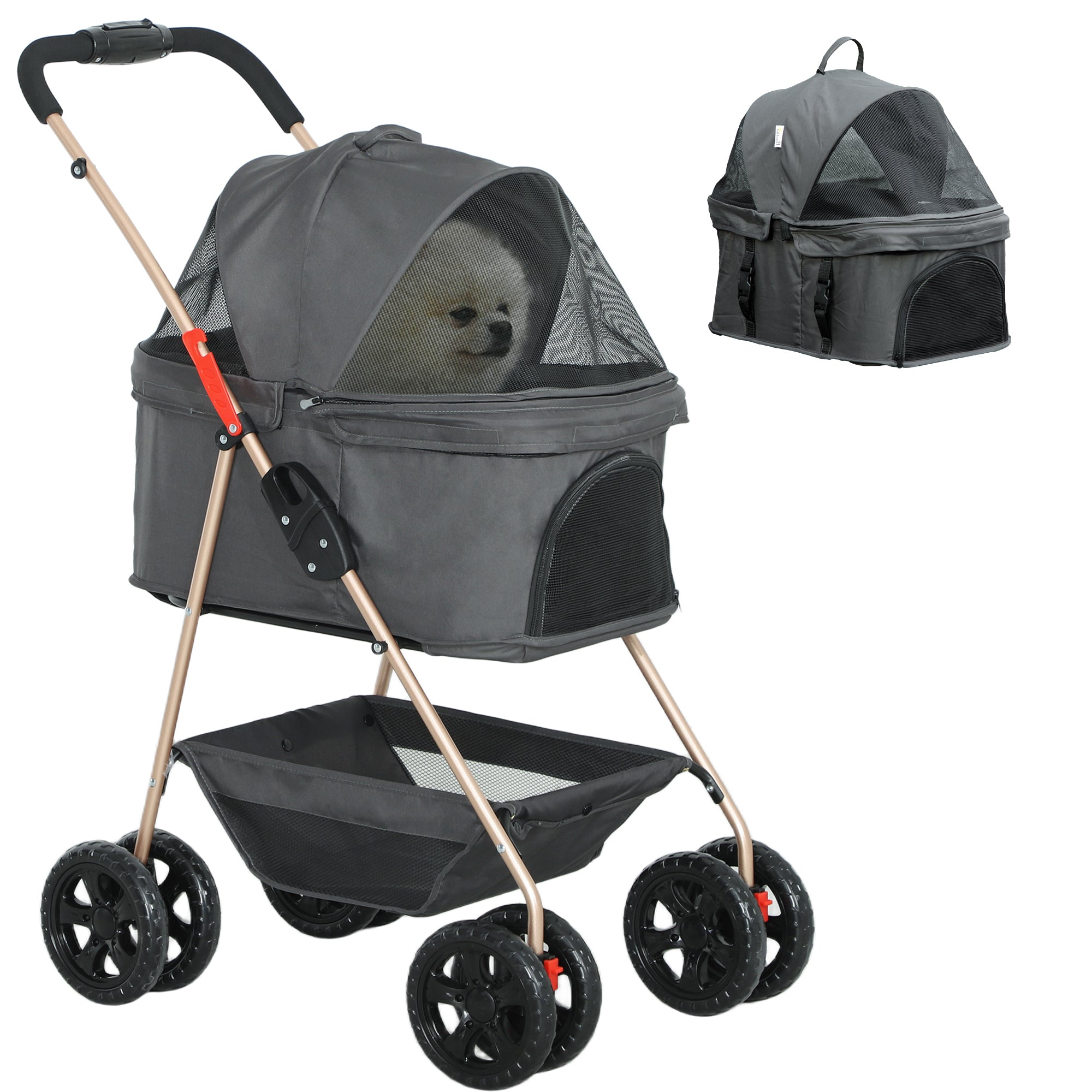 Dog Stroller 3 in 1 Dog Buggy Foldable for Dogs & Cats up to 4 kg Cat Stroller with Cushion Mesh Windows Cup Holder Storage Basket Cat Cart Buggy Gray