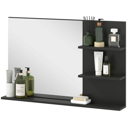 Modern Bathroom Mirror with 2 Side Shelves and Bottom Shelf, Wall Mirror in MDF and Glass, 75x10x48 cm, Black