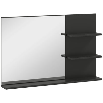 Modern Bathroom Mirror with 2 Side Shelves and Bottom Shelf, Wall Mirror in MDF and Glass, 75x10x48 cm, Black