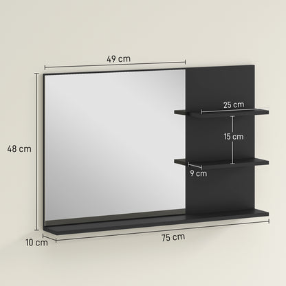 Modern Bathroom Mirror with 2 Side Shelves and Bottom Shelf, Wall Mirror in MDF and Glass, 75x10x48 cm, Black