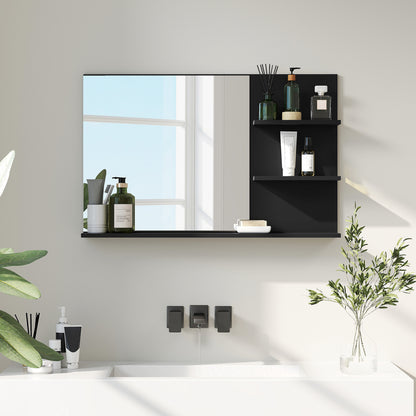 Modern Bathroom Mirror with 2 Side Shelves and Bottom Shelf, Wall Mirror in MDF and Glass, 75x10x48 cm, Black