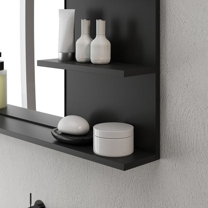 Modern Bathroom Mirror with 2 Side Shelves and Bottom Shelf, Wall Mirror in MDF and Glass, 75x10x48 cm, Black
