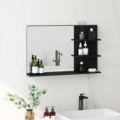 Modern Bathroom Mirror with 2 Side Shelves and Bottom Shelf, Wall Mirror in MDF and Glass, 75x10x48 cm, Black