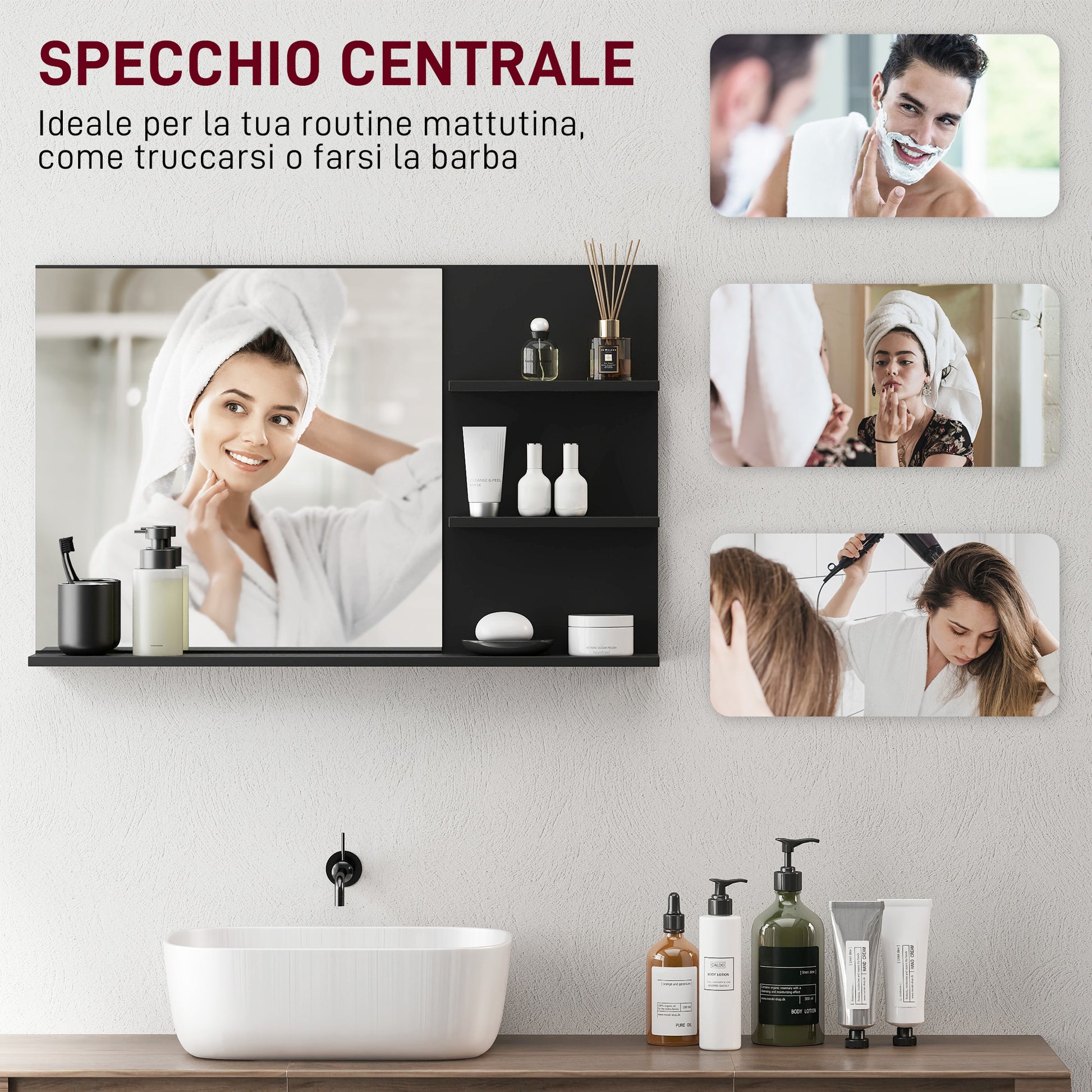 Modern Bathroom Mirror with 2 Side Shelves and Bottom Shelf, Wall Mirror in MDF and Glass, 75x10x48 cm, Black