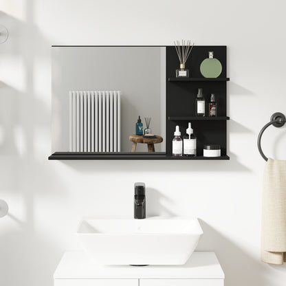 Modern Bathroom Mirror with 2 Side Shelves and Bottom Shelf, Wall Mirror in MDF and Glass, 75x10x48 cm, Black