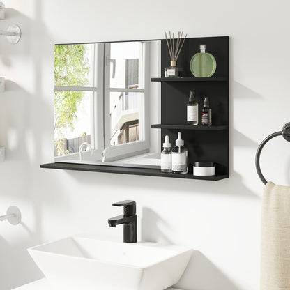 Modern Bathroom Mirror with 2 Side Shelves and Bottom Shelf, Wall Mirror in MDF and Glass, 75x10x48 cm, Black