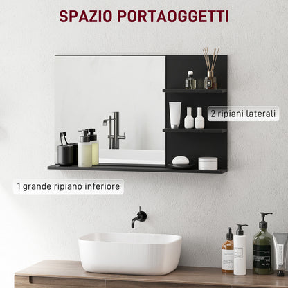 Modern Bathroom Mirror with 2 Side Shelves and Bottom Shelf, Wall Mirror in MDF and Glass, 75x10x48 cm, Black