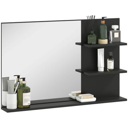 Modern Bathroom Mirror with 2 Side Shelves and Bottom Shelf, Wall Mirror in MDF and Glass, 75x10x48 cm, Black