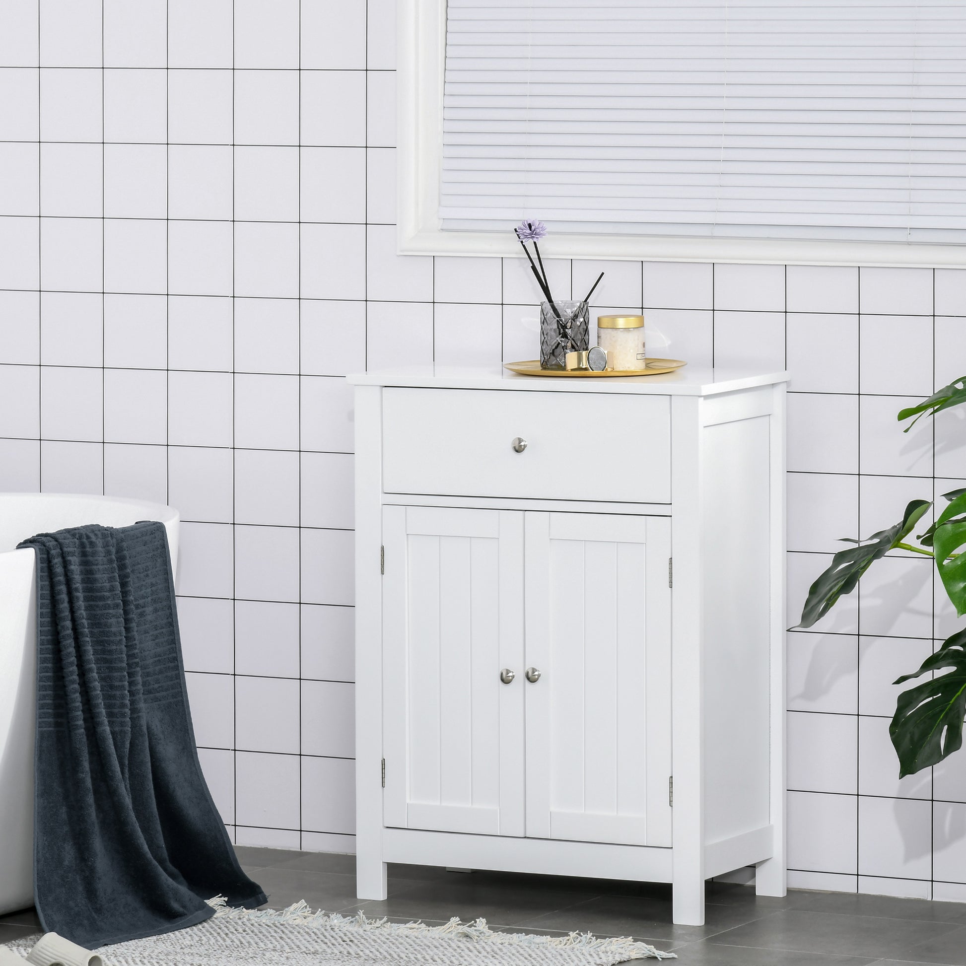 Bathroom Cabinet with 1 Drawer 2 Doors and Adjustable Interior Shelf Storage Auxiliary Furniture Multifunctional for Living Room Kitchen Anti-tip 60x30x80 cm White