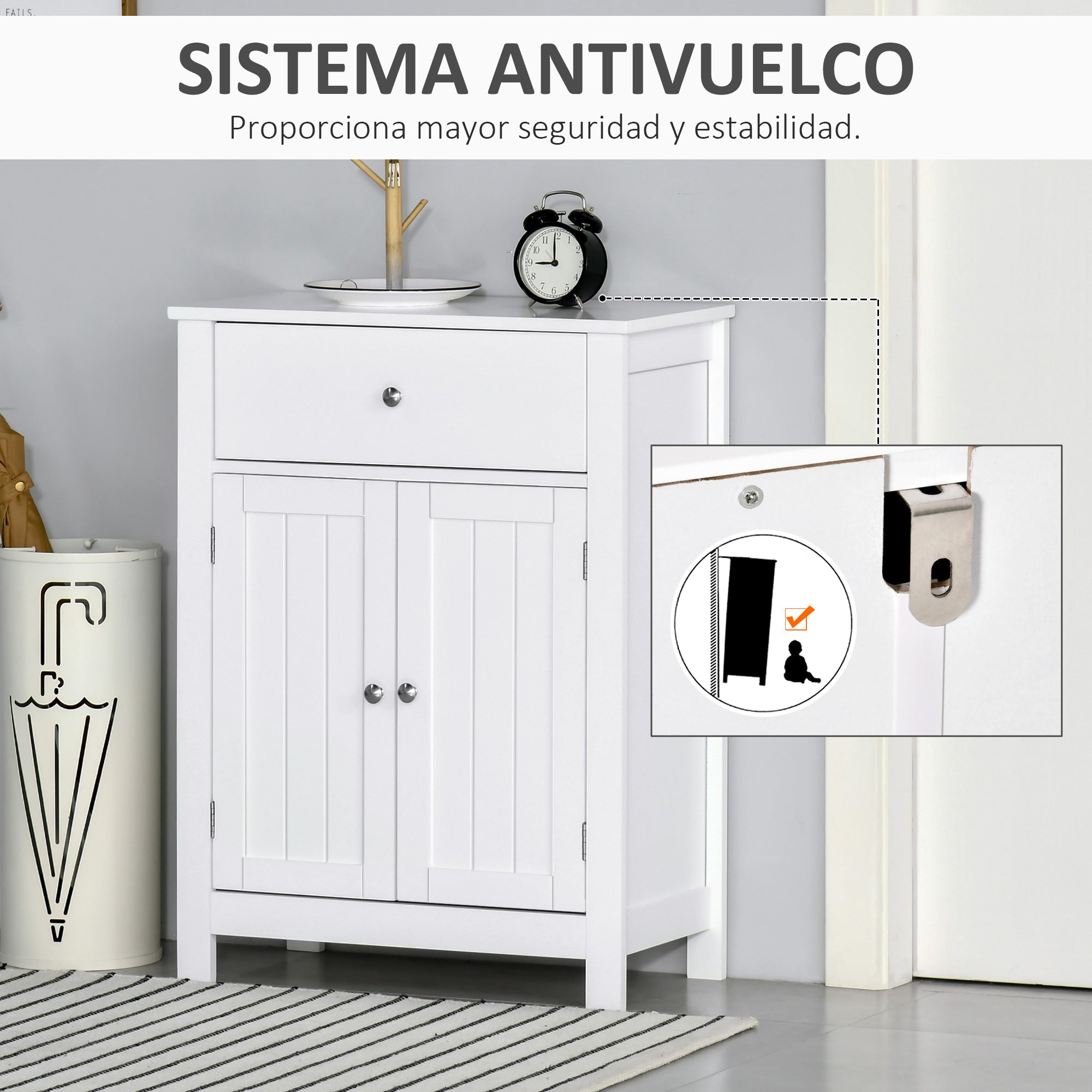 Bathroom Cabinet with 1 Drawer 2 Doors and Adjustable Interior Shelf Storage Auxiliary Furniture Multifunctional for Living Room Kitchen Anti-tip 60x30x80 cm White