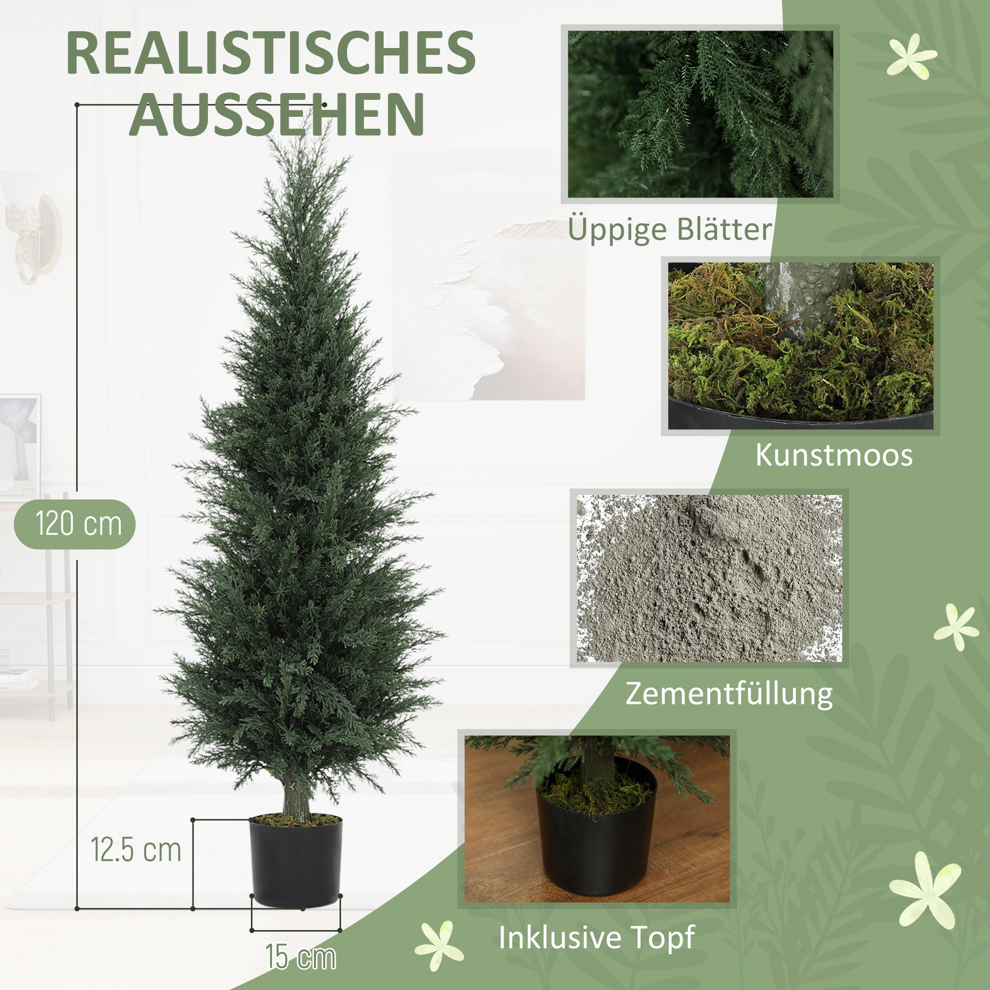 Large Artificial Cypress 120 cm Artificial Plant, Artificial Plants in Pot, UV Resistant Artificial Cypress Tree Decor for Living Room Bedroom Office Balcony