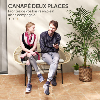 2-Seater Acapulco Style Outdoor Garden Bench, Steel Patio Bench with Backrest and Cushion, Outdoor Bench for Balcony Terrace Patio, 126 x 72 x 83 cm, Khaki