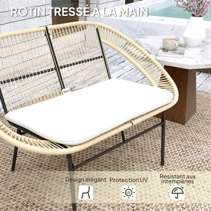 2-Seater Acapulco Style Outdoor Garden Bench, Steel Patio Bench with Backrest and Cushion, Outdoor Bench for Balcony Terrace Patio, 126 x 72 x 83 cm, Khaki