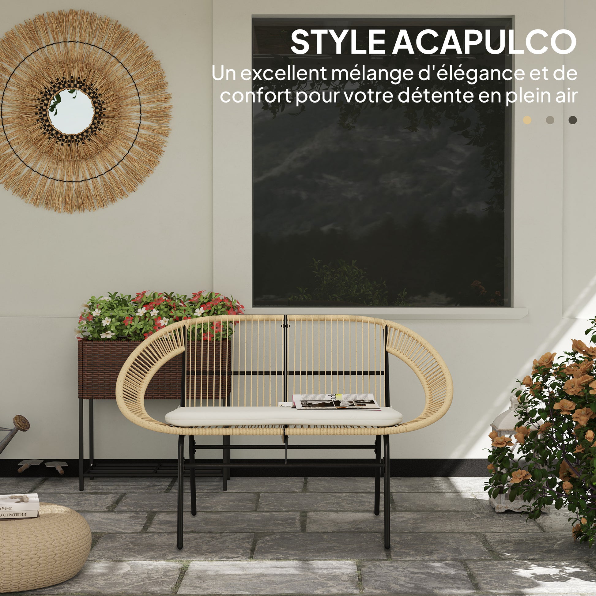 2-Seater Acapulco Style Outdoor Garden Bench, Steel Patio Bench with Backrest and Cushion, Outdoor Bench for Balcony Terrace Patio, 126 x 72 x 83 cm, Khaki