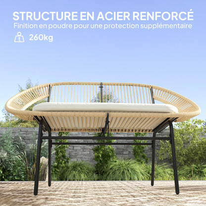 2-Seater Acapulco Style Outdoor Garden Bench, Steel Patio Bench with Backrest and Cushion, Outdoor Bench for Balcony Terrace Patio, 126 x 72 x 83 cm, Khaki