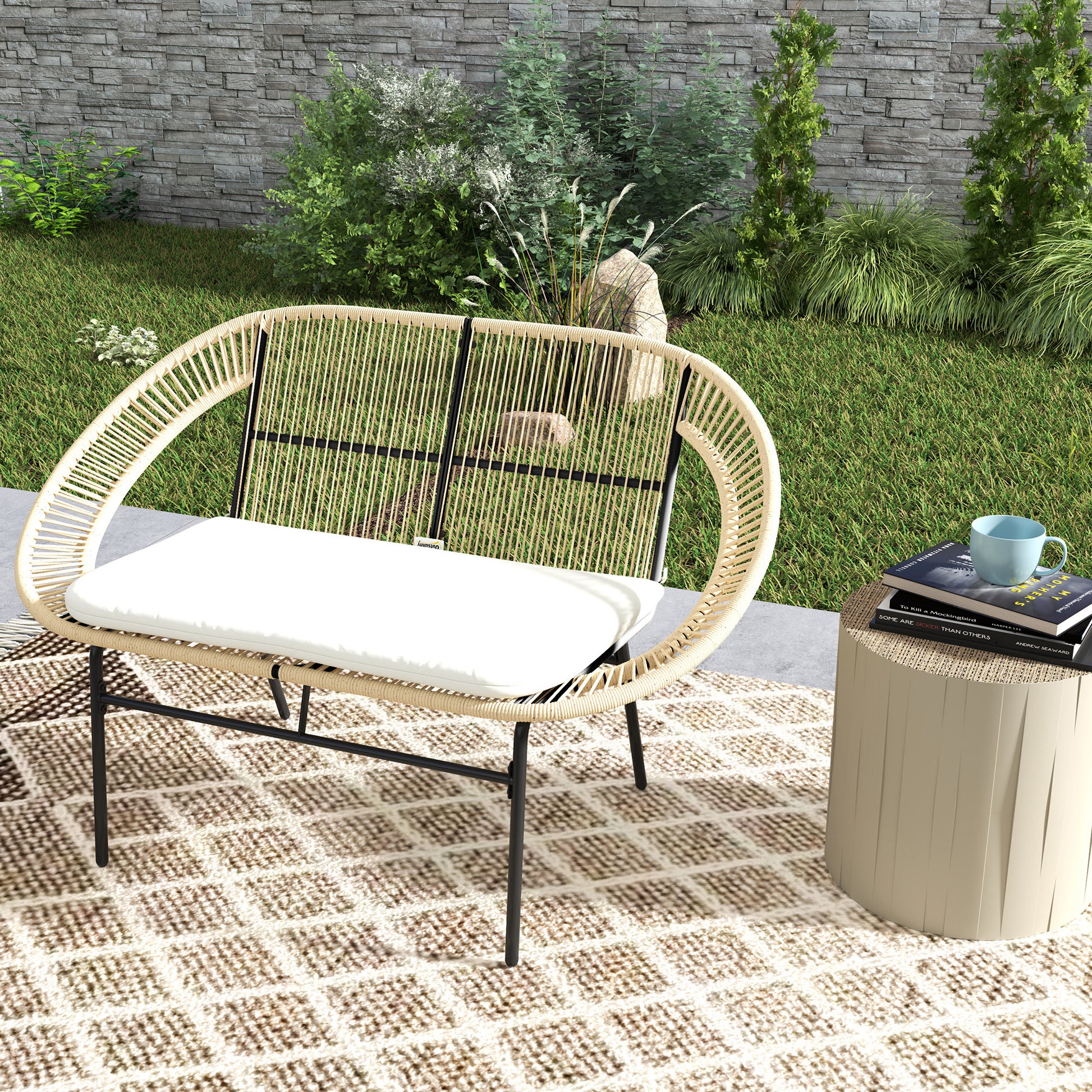 2-Seater Acapulco Style Outdoor Garden Bench, Steel Patio Bench with Backrest and Cushion, Outdoor Bench for Balcony Terrace Patio, 126 x 72 x 83 cm, Khaki