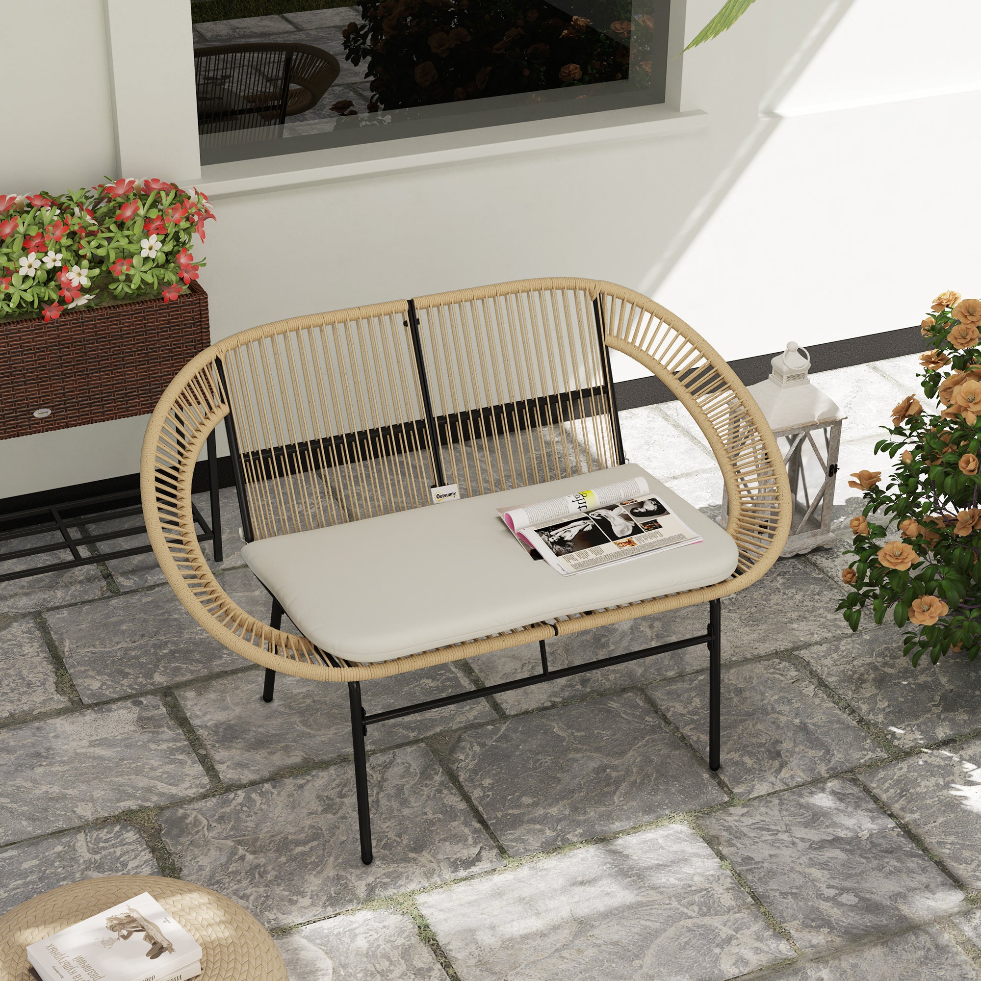 2-Seater Acapulco Style Outdoor Garden Bench, Steel Patio Bench with Backrest and Cushion, Outdoor Bench for Balcony Terrace Patio, 126 x 72 x 83 cm, Khaki