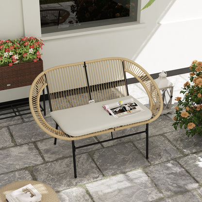 2-Seater Acapulco Style Outdoor Garden Bench, Steel Patio Bench with Backrest and Cushion, Outdoor Bench for Balcony Terrace Patio, 126 x 72 x 83 cm, Khaki